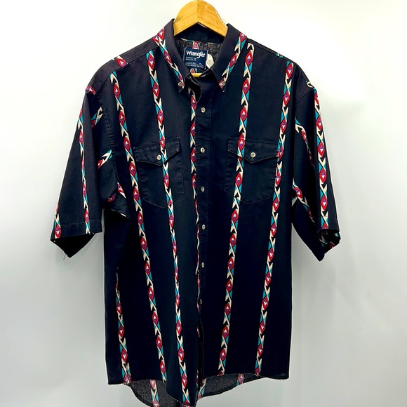 Chemise Western Wrangler Coupe Cowboy – 17,5 36 X-long – USA – Motif Aztèque – Vintage
